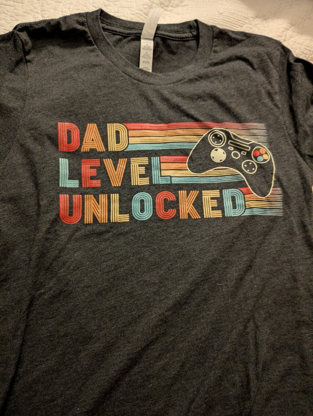 Dad Level Unlocked Gamer Graphic T-Shirt Charcoal Gray Small S